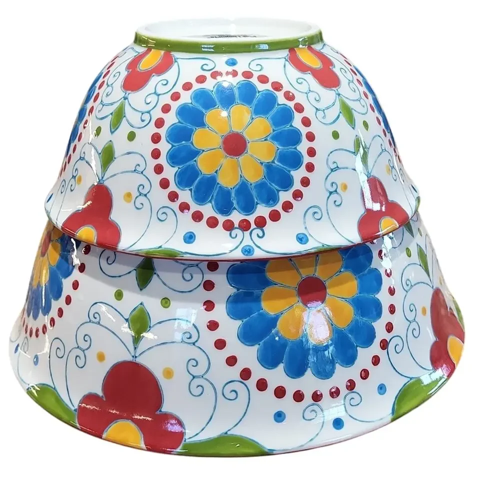 Pier 1 Floral Ceramic Bowls with Red and Blue Accents (Set Of 2)